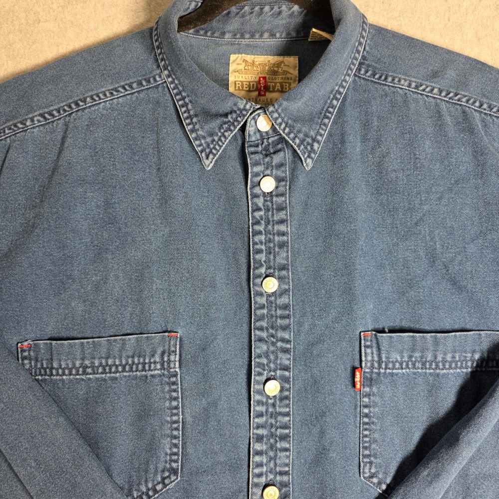 Levis Red Tab Denim Shirt Mens XXL Blue Long Sleeve Button Down Dual Pocket